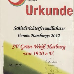 Gwharburg Urkunde Schiedsrichterfreundlichster Verein 2012